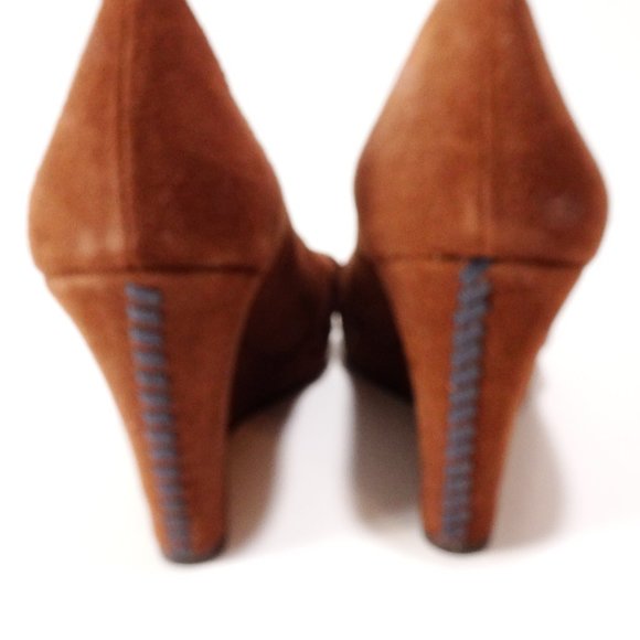 Jack rogers Brown Black Suede Leather WhipStitch Peep Toe Wedge Sandals Sz 6 - Picture 6 of 7